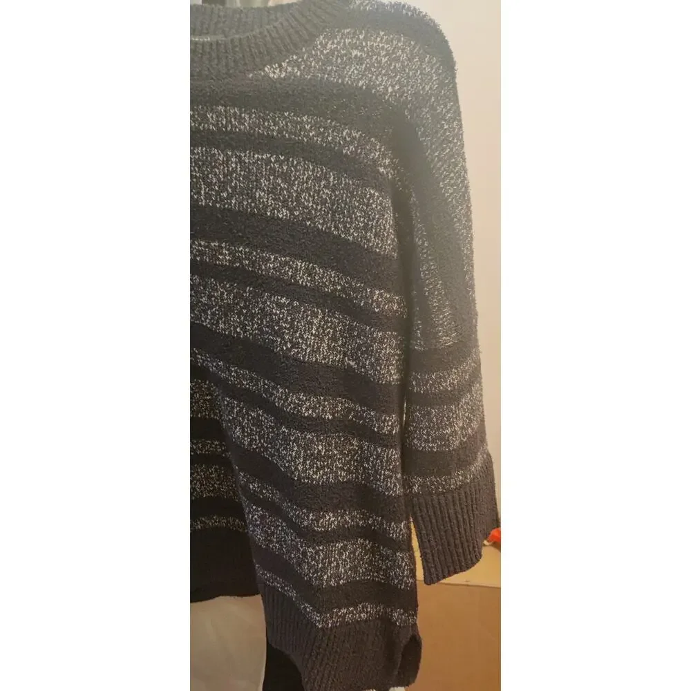 Theory Black Marled Wool Stripe Sweater 3/4 Sleeve Minimalist Academia Size L